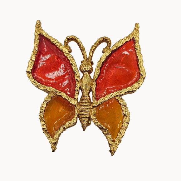 Vtg Red Amber Butterfly Brooch Pin Resin Wings Gold Tone Stained Glass Style - Picture 1 of 8